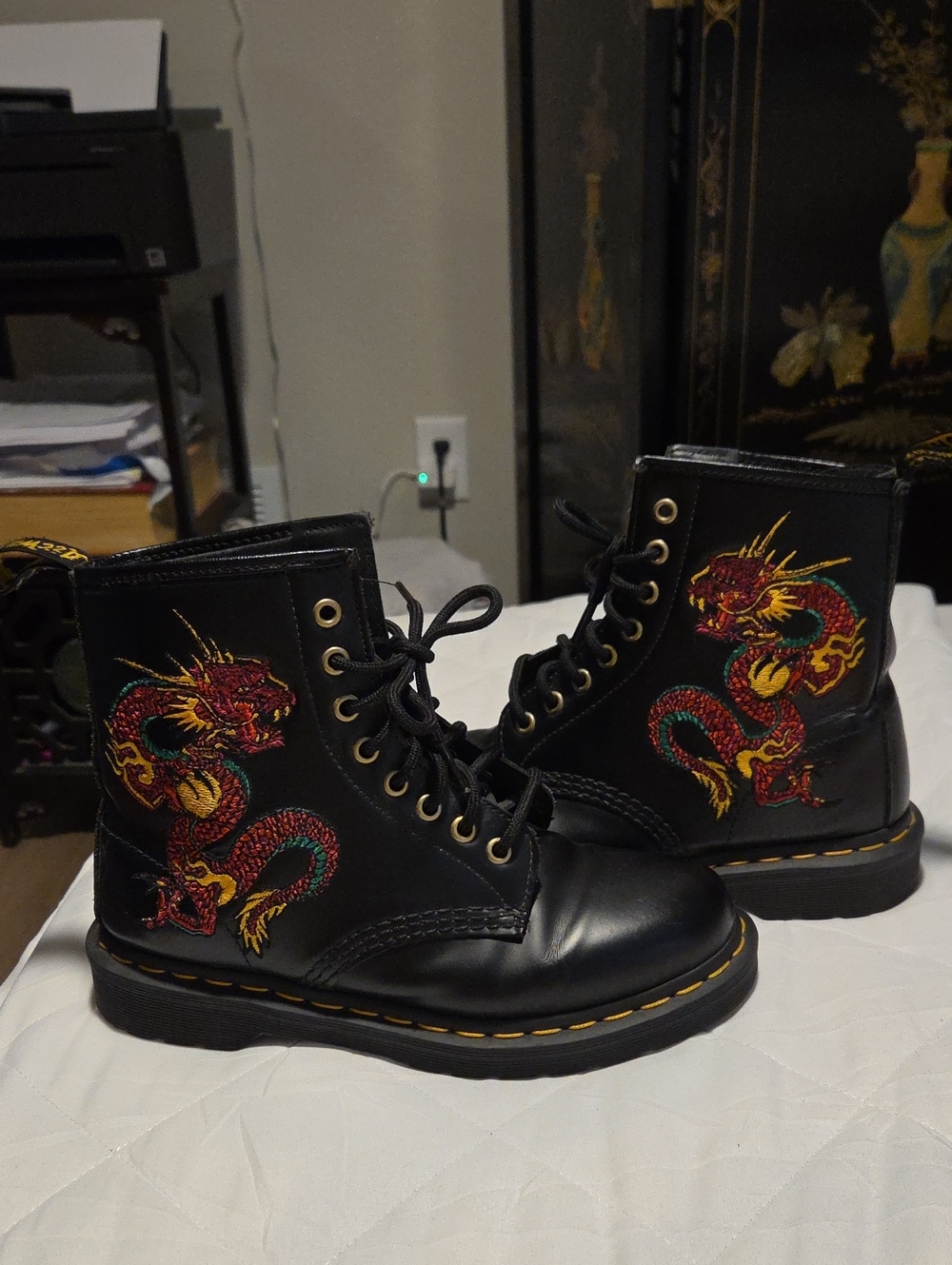 Doc Martens Women Black Lace-Up Boots with Red Dragon Embroidery